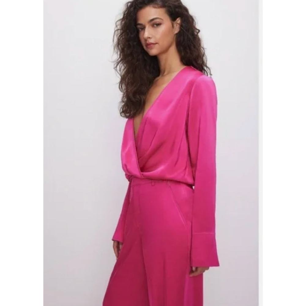 Good American Satin Wrap V-Neck Long Sleeve Blouse Top | Sz XS Pink NEW $149 - Picture 3 of 9